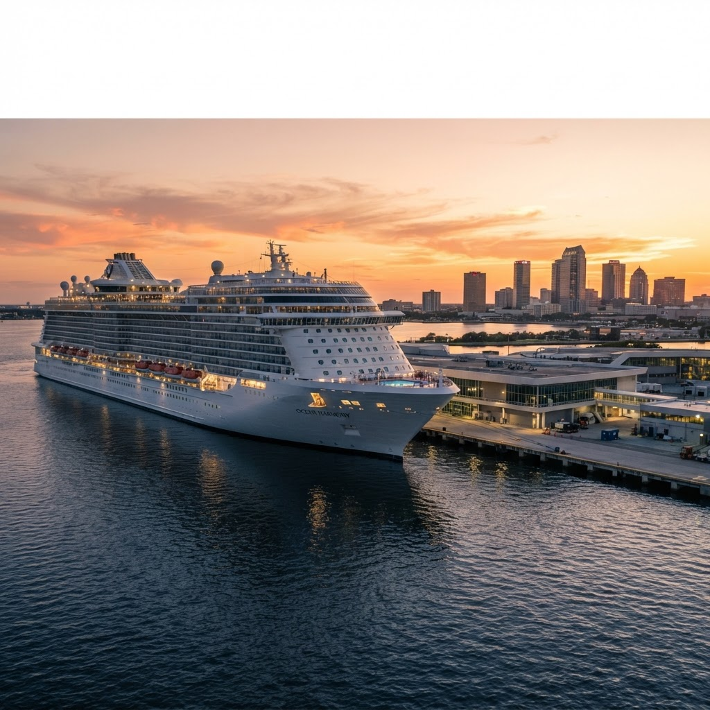 Luxury cruise ship docked at a Florida port