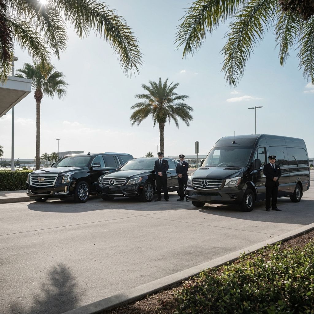 BlackRide luxury fleet lineup at Florida airport terminal - sedans, SUVs, and Sprinter vans