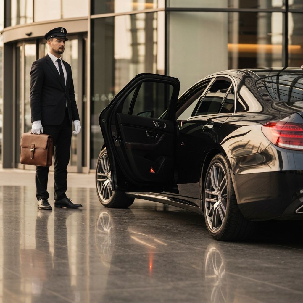 Executive stepping out of luxury black car at corporate office in Tampa