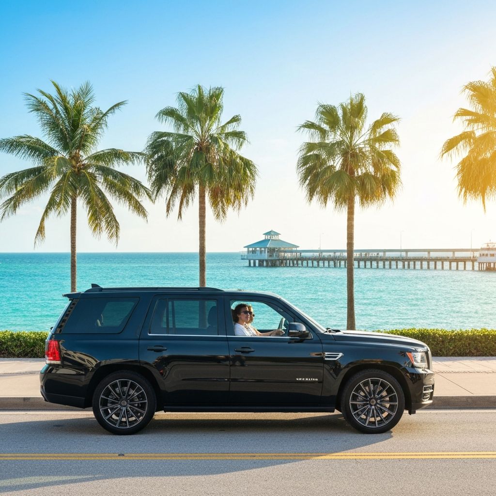 Luxury SUV on scenic waterfront boulevard in St. Petersburg Florida for hourly charter tour