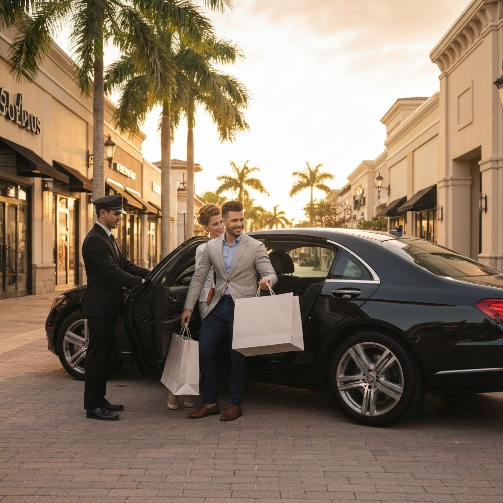 Couple with luxury shopping bags being helped into black Mercedes sedan by chauffeur
