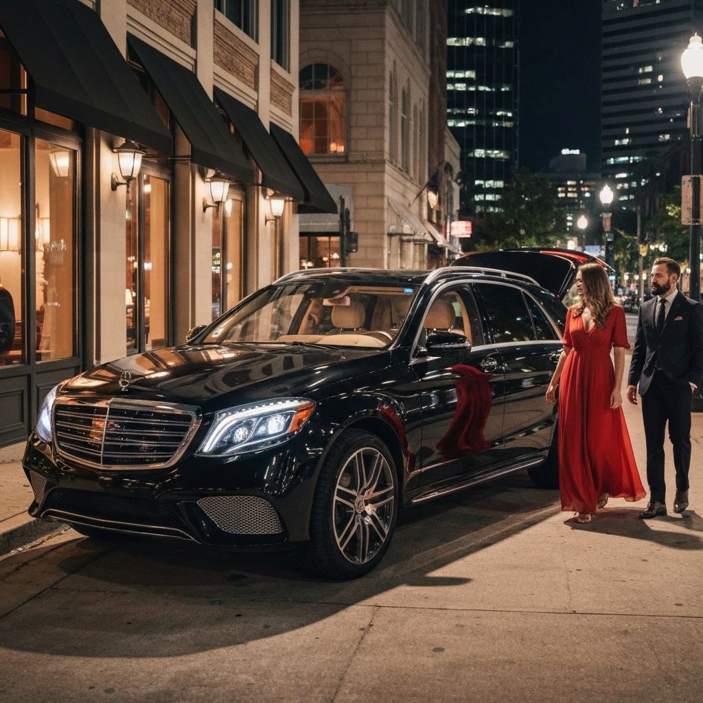 Luxury SUV with private chauffeur waiting outside upscale Tampa restaurant at night