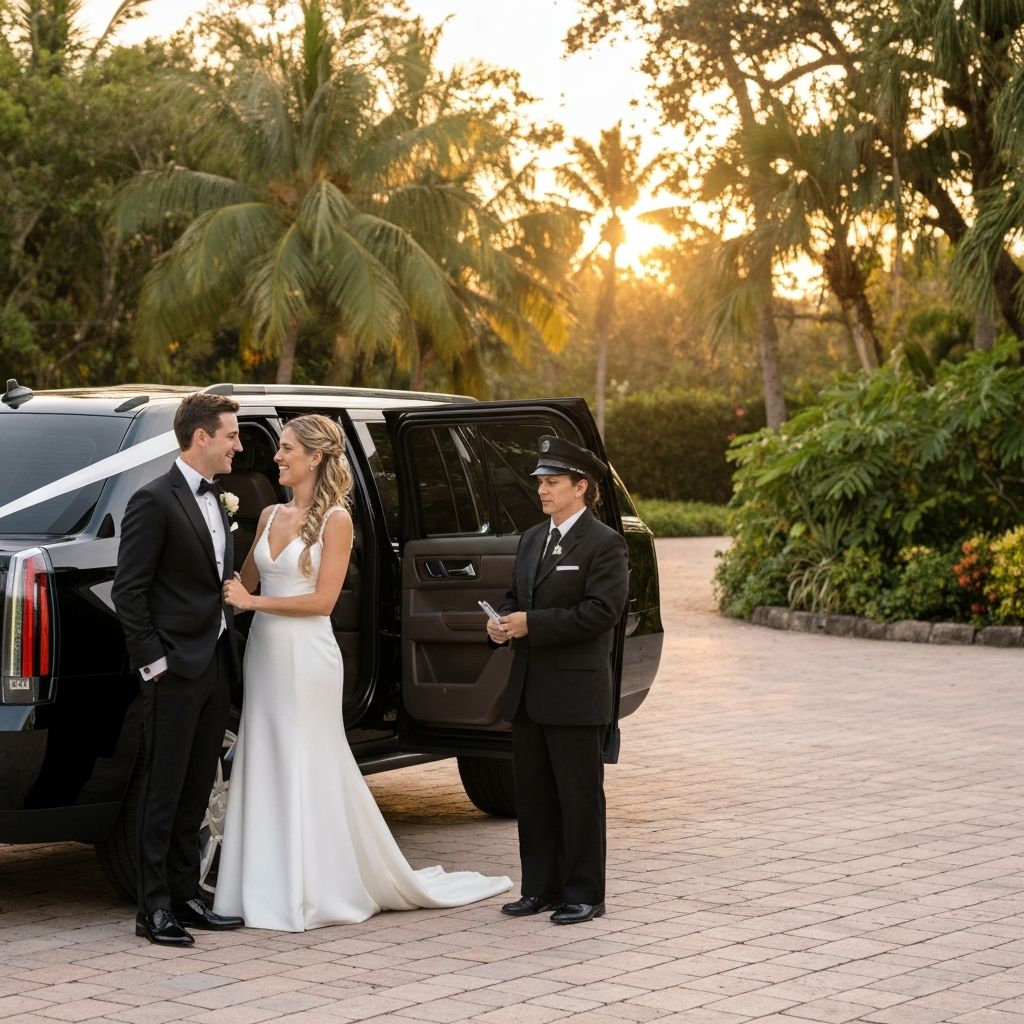 Bride and groom next to decorated luxury black car at Florida wedding venue