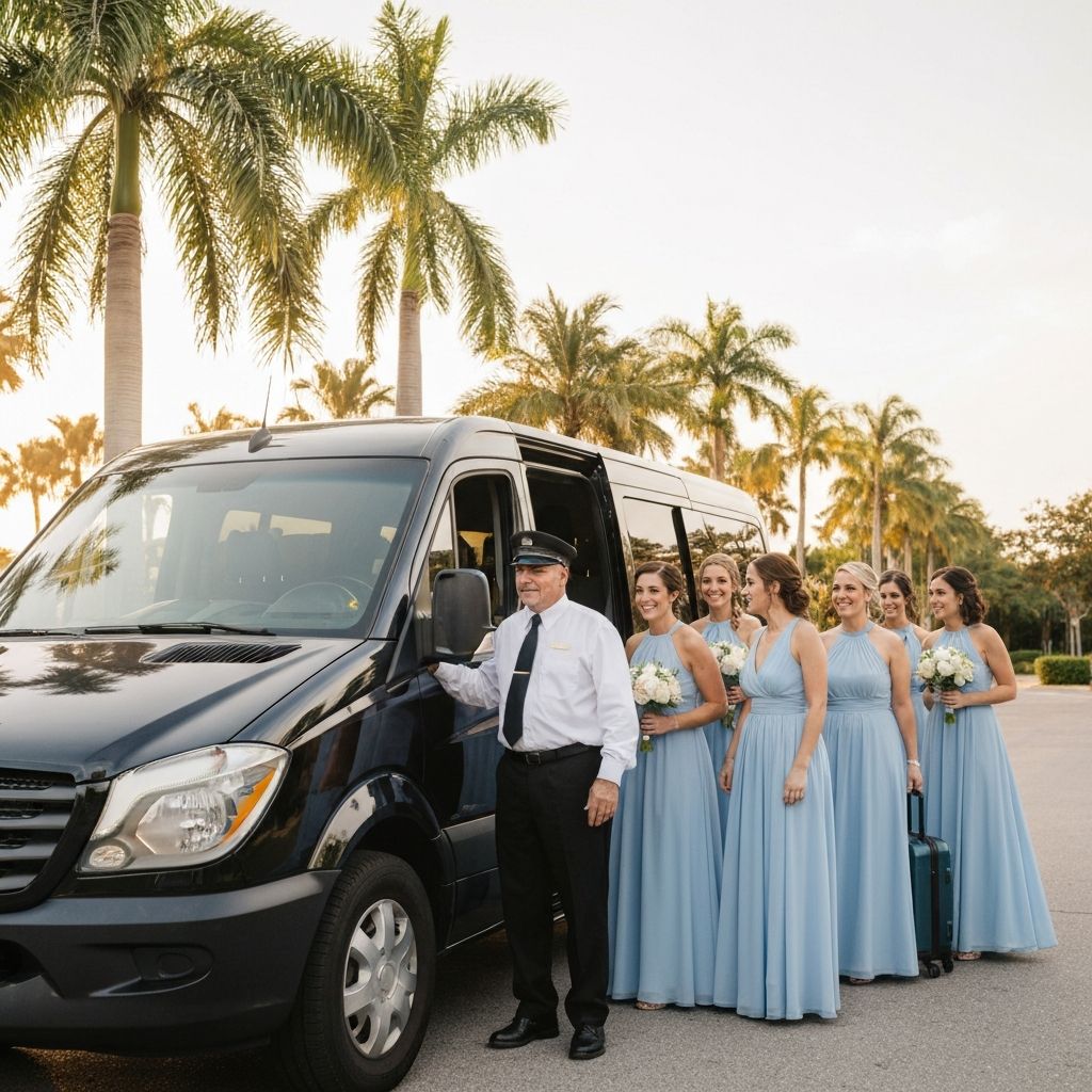 Wedding party bridesmaids boarding luxury Mercedes Sprinter van at Florida venue