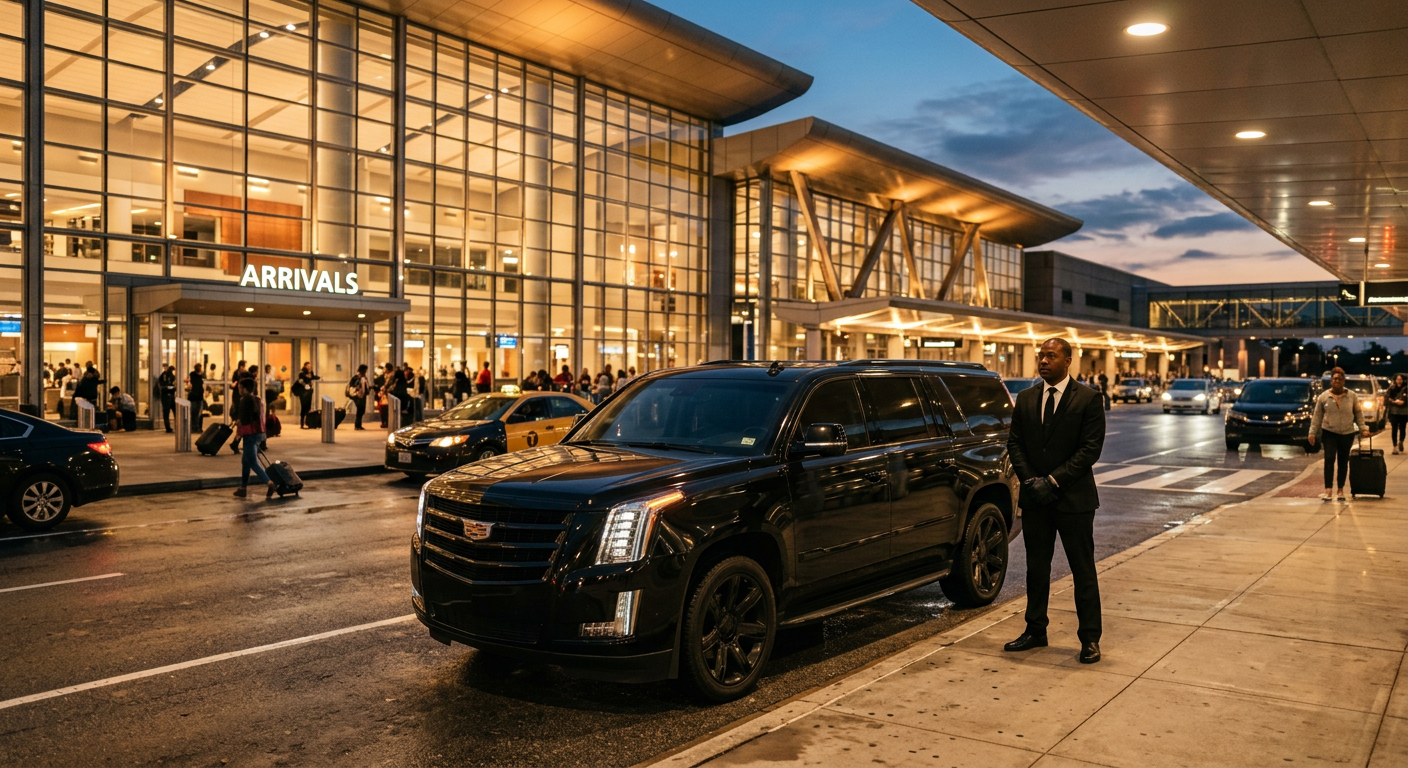 Black luxury SUV with chauffeur waiting at the Atlanta airport terminal curb