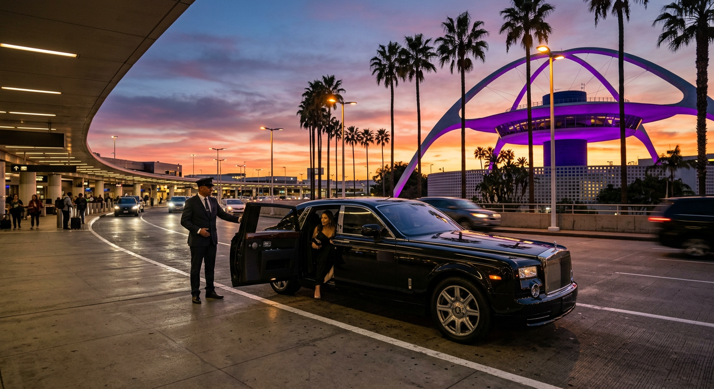 Chauffeur holding the door of a black luxury sedan near Los Angeles airport at sunset